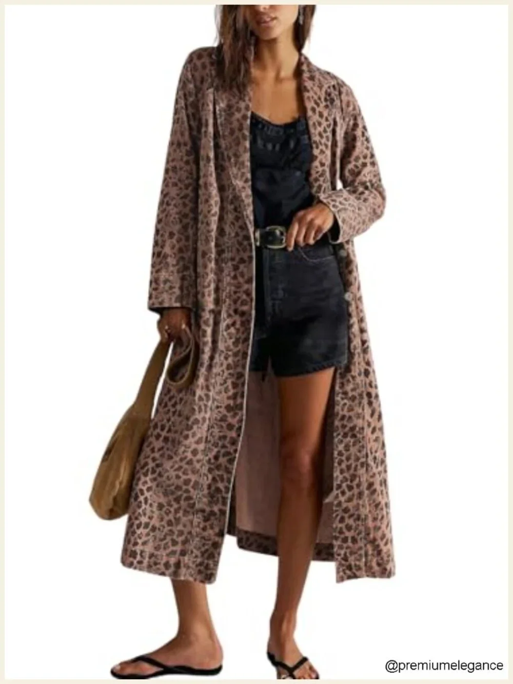 Distressed Leopard Print Denim Trench Coat Midi Long Jean Jacket Overcoat